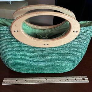 Green Woven Handbag with Wooden Handles